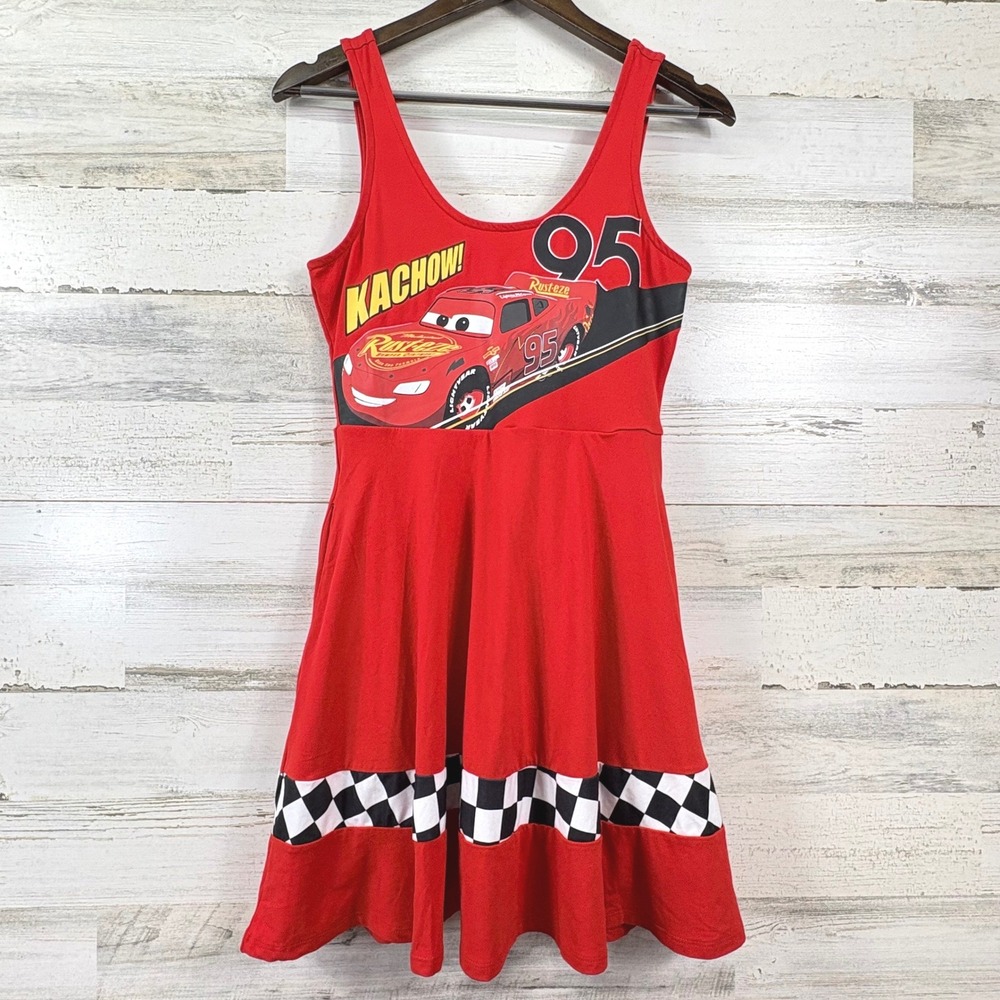 Hot Topic Red 'Cars' Lightning McQueen Mini Dress with Black & White Check